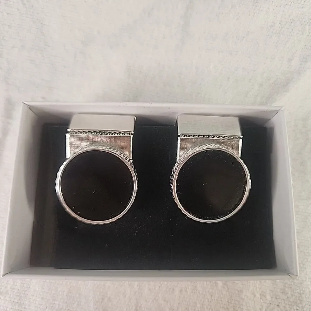 Cufflinks Silver Tone with Black Stone and Wrap Unknown Brand Thick Vintage